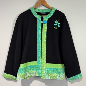 Saddlebred By Belk Size Large Black Artsy Statement Jacket Green Trim Dragonfly